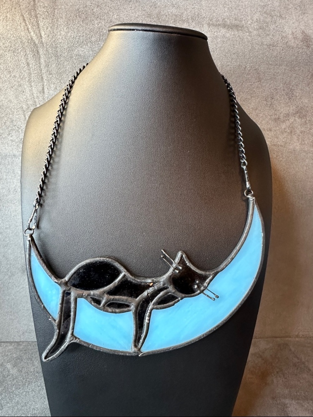 Handmade Black Cat on Blue Crescent Moon Necklace